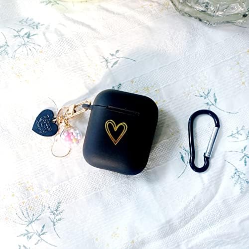 התואם הכי משלו למארז AirPods TPU רך עם דפוס לב זהב חמוד מכיל מכשיר מפתח חמוד מפתח זעזועים מארז לבנות לאישה AirPods 2 & 1 שחור